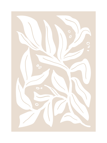 Grafische Illustration mit weißen Blättern auf beigem Hintergrund.