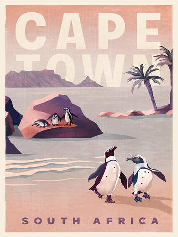 Illustration von Pinguinen am Strand mit Palmen und Bergen, Text "Cape Town" und "South Africa".
