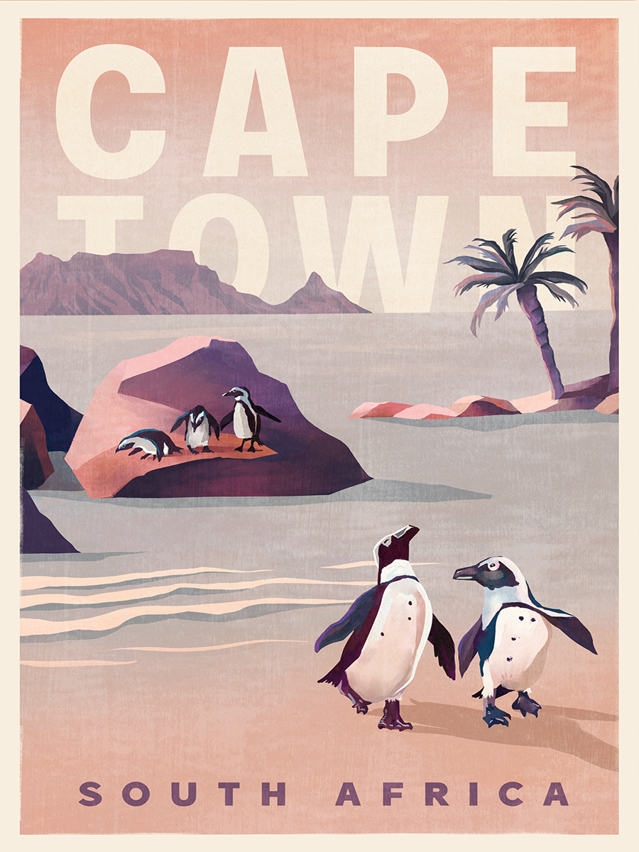 Illustration von Pinguinen am Strand mit Palmen und Bergen, Text "Cape Town" und "South Africa".