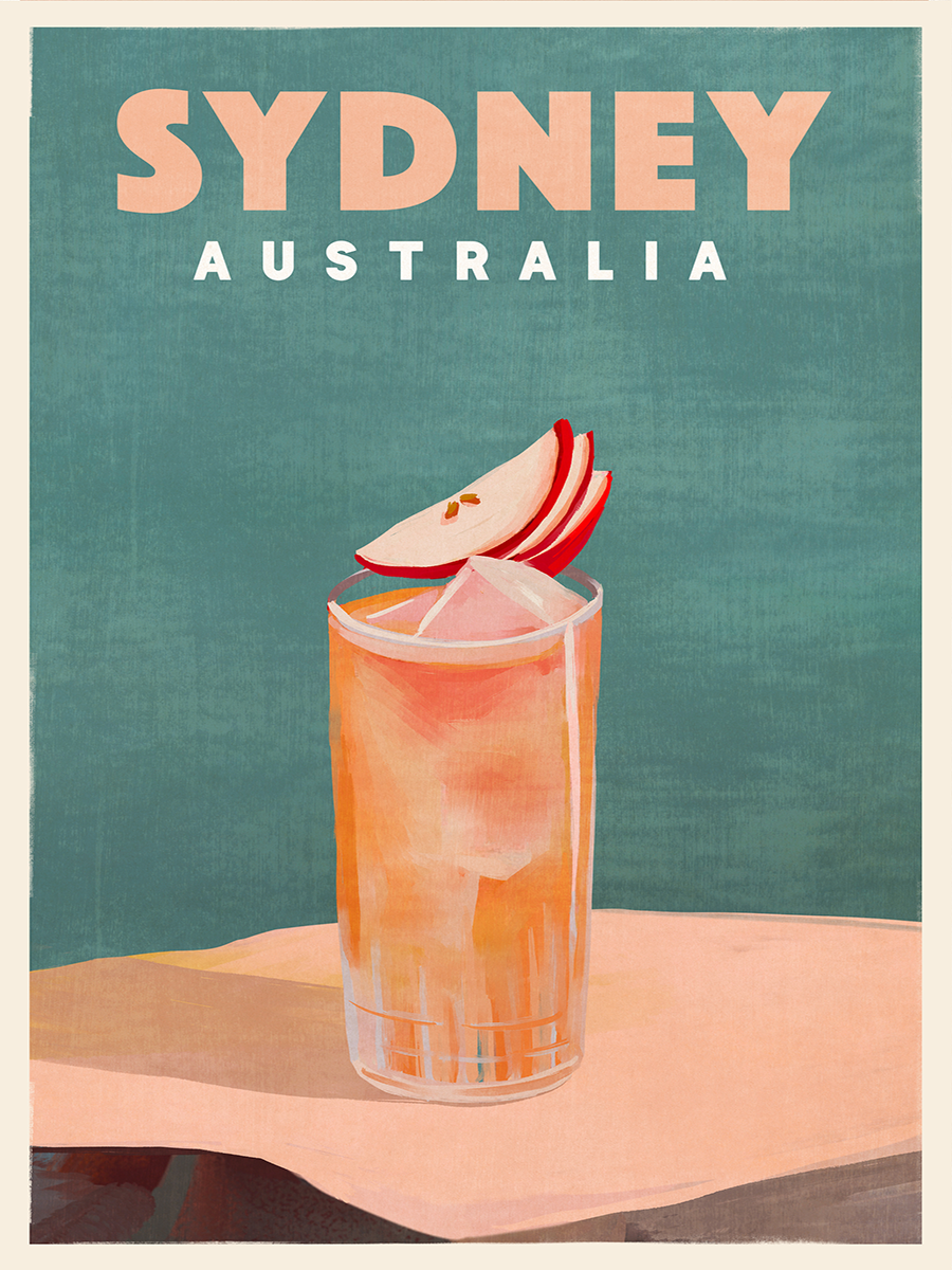 Poster eines Cocktails mit Apfelscheiben vor einem grünen Hintergrund und dem Text "Sydney, Australia".