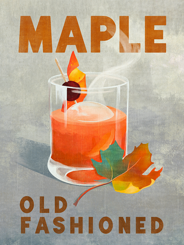 Poster mit einem Maple Old Fashioned Cocktail und herbstlichen Blättern.