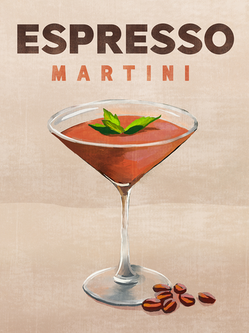 Illustration eines Espresso Martini mit Kaffeebohnen auf beigem Hintergrund.