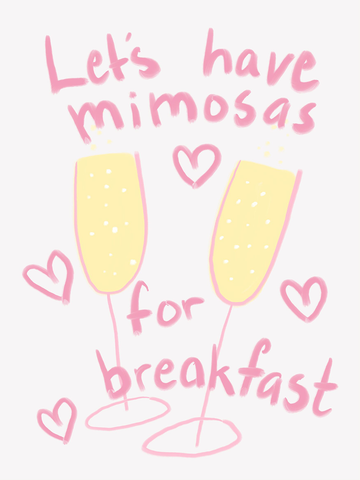 Illustration von zwei gelben Mimosas mit rosa Herzen und dem Text "Let's have mimosas for breakfast" in rosa.