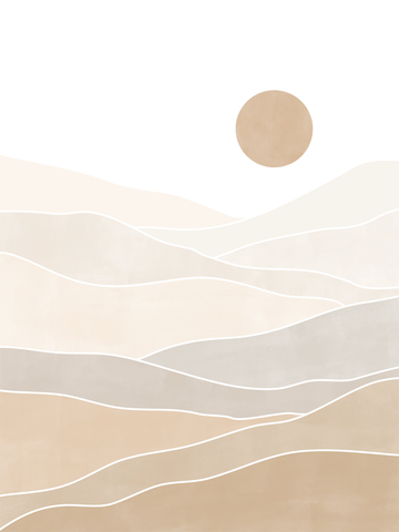 Grafische Illustration einer abstrakten Landschaft mit brauner Sonne und beigen Hügeln.