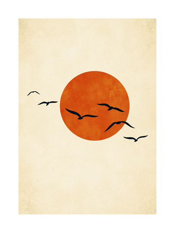Grafische Illustration mit schwarzen Vögeln vor einer orangefarbenen Sonne und beigem Hintergrund.