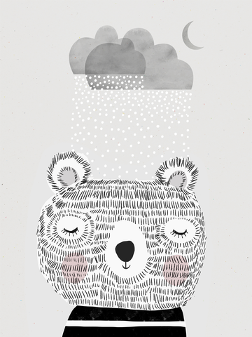 Illustration eines schlafenden Bären, der von Regen und Mondschein träumt.