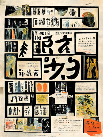 Collage mit japanischen Schriftzeichen und abstrakten Formen in Schwarz, Weiß, Rot und Orange auf beigem Hintergrund.