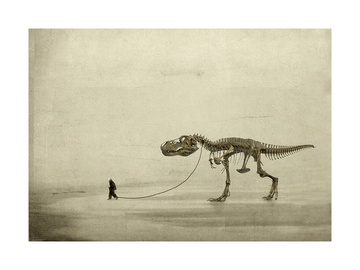 Skelett eines Dinosauriers, der an der Leine geführt wird, auf einem erdigen Hintergrund.