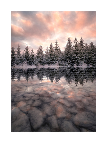 Fotografie eines zugefrorenen Sees mit Wald und rosa-orangefarbenem Himmel.