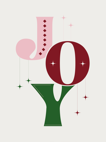 Grafische Illustration des Wortes „Joy“ in Rot, Rosa und Grün auf hellem Hintergrund.