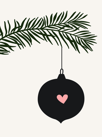 Illustration einer schwarzen Weihnachtskugel mit rosa Herz an einem grünen Zweig.