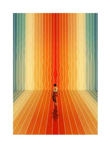 Grafische Illustration einer Frau, die auf einen bunten Wasserfall in Rot, Orange, Gelb und Blau zugeht.