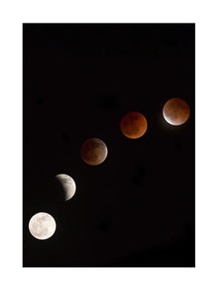 Poster mit den Phasen einer Mondfinsternis auf schwarzem Hintergrund.