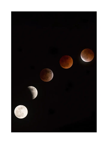 Poster mit den Phasen einer Mondfinsternis auf schwarzem Hintergrund.