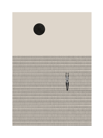 Grafik mit einer schwarzen Sonne über einem gestreiften Hintergrund und einer Figur in der Mitte.