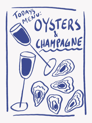 Illustration von Austern und Champagner mit dem Text „Today's Menu: Oysters & Champagne“ in Blau auf weißem Hintergrund.