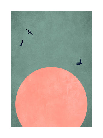 Grafische Illustration mit einem großen rosa Kreis und kleinen schwarzen Vögeln vor einem grünen Hintergrund.