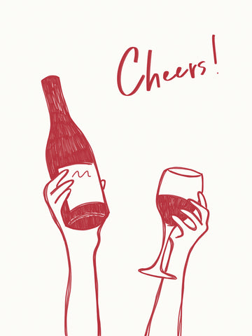 Illustration von Händen mit Weinflasche und Weinglas, Text "Cheers" in Rot auf weißem Hintergrund.
