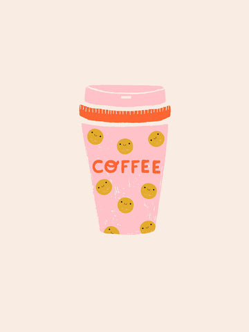 Illustration eines rosa Kaffeebechers mit gelben Punkten vor einem beigen Hintergrund.