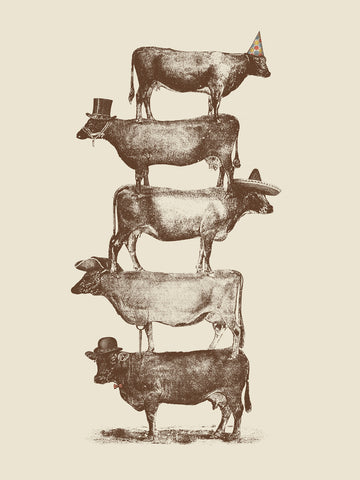 Illustration von fünf übereinander stehenden Kühen mit Hüten vor beigem Hintergrund.