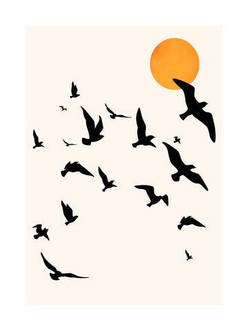 Grafische Illustration von schwarzen Vögeln vor einer orangefarbenen Sonne auf hellbeigem Hintergrund.