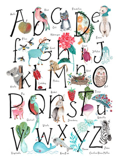 Ein Alphabet-Poster mit Tieren und Objekten, die jeden Buchstaben repräsentieren, wie Apfel für A und Vogel für B.