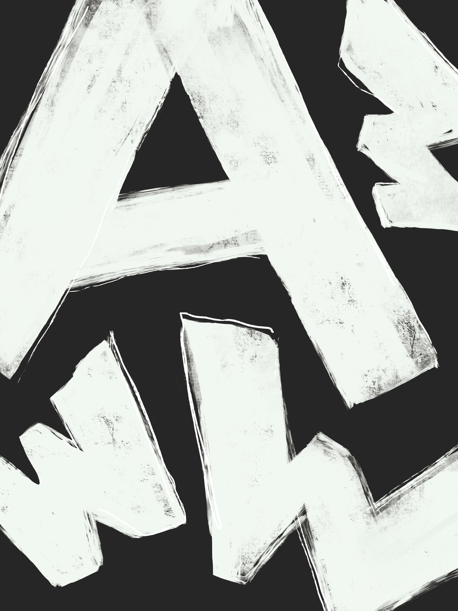 Schwarz-weißes Typografieposter mit dem Buchstaben A auf schwarzem Hintergrund.