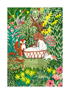 Illustration von Tieren, die ein Baby in einem Korb umgeben, in einer grünen Landschaft mit Blumen.