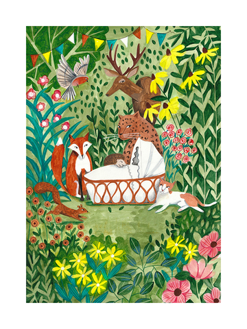 Illustration von Tieren, die ein Baby in einem Korb umgeben, in einer grünen Landschaft mit Blumen.