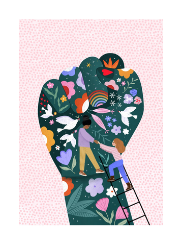 Illustration einer erhobenen Faust mit Symbolen für Frieden und Liebe auf rosa Hintergrund.