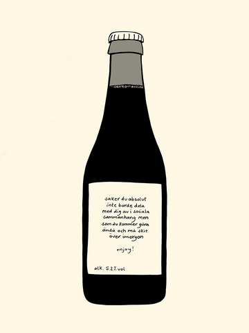 Illustration einer Bierflasche mit schwarzem Text auf beigem Hintergrund.