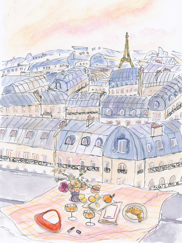 Illustration eines Pariser Dachs mit Picknick und Eiffelturm im Hintergrund.
