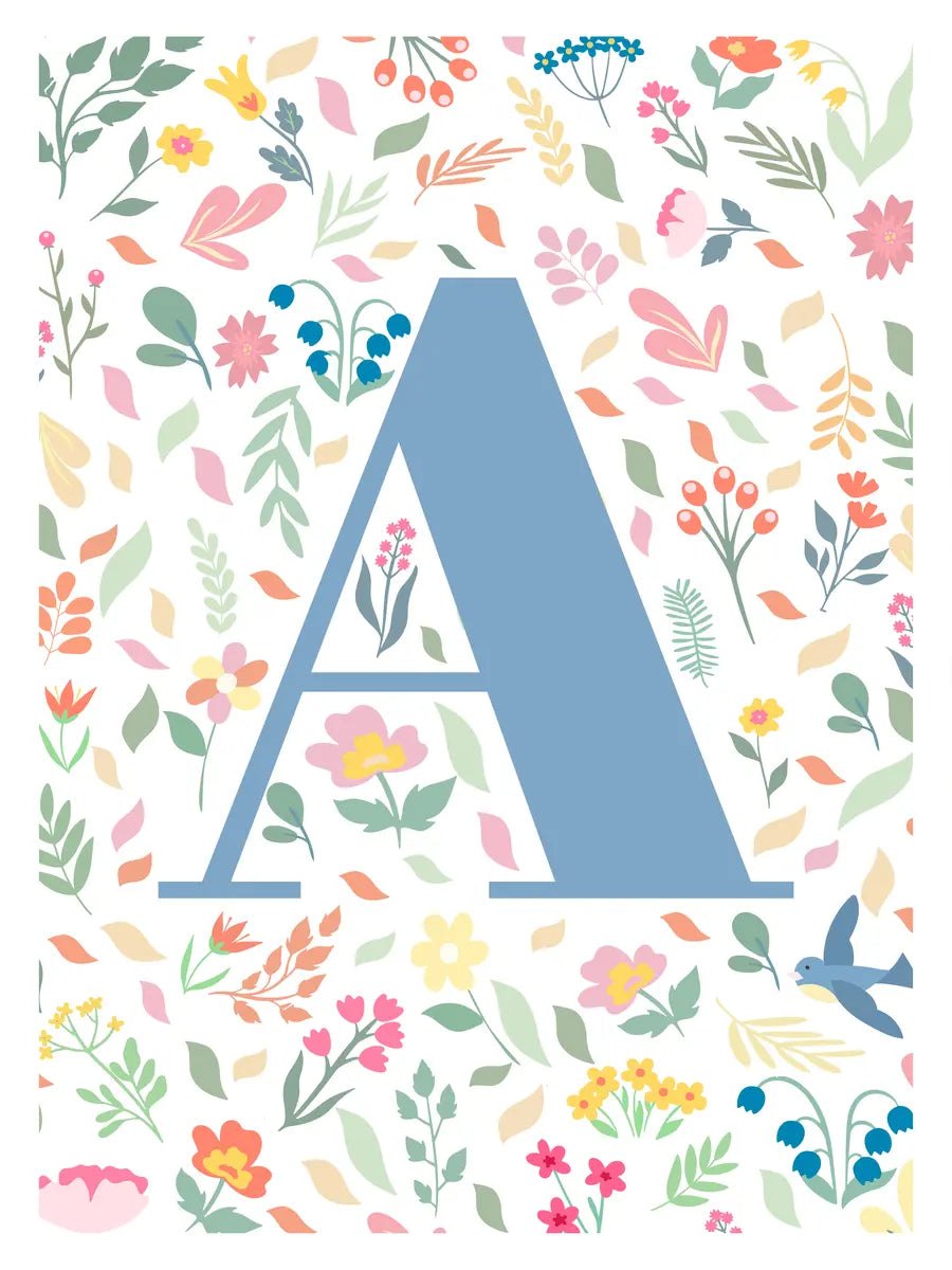 Buchstabe A in Blau mit buntem Blumenhintergrund.