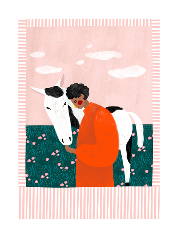 Frau in orangefarbenem Kleid streichelt ein weißes Pferd vor rosa Hintergrund mit Wolken und Blumen.