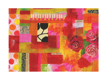 Ein farbenfrohes Poster mit leuchtenden Farben, Mustern und dem Wort „Roses“ in einem schwarzen Kasten.