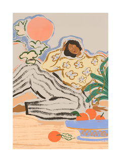 Illustration einer Frau in gelbem Oberteil mit Blumen und gestreiften Hosen, sitzend neben einer Schale mit Orangen.