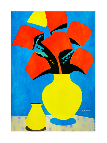 Abstrakte Darstellung eines Blumenstraußes in Gelb und Orange vor einem blauen Hintergrund.