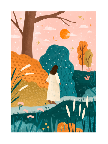 Illustration einer Frau in einem weißen Kleid in einer Landschaft mit rosa Himmel.