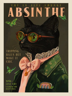 Poster einer schwarzen Katze in eleganter Kleidung mit grünen Schmetterlingen und dem Text "The IX Life Lounge Absinthe".