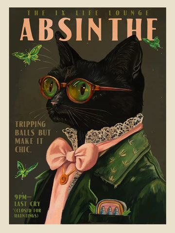 Poster einer schwarzen Katze in eleganter Kleidung mit grünen Schmetterlingen und dem Text "The IX Life Lounge Absinthe".