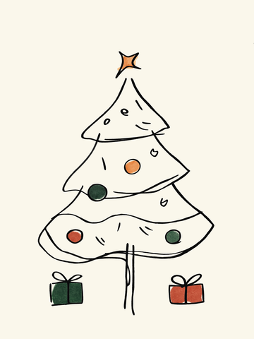 Minimalistisches Poster eines geschmückten Weihnachtsbaums mit Geschenken auf beigem Hintergrund.