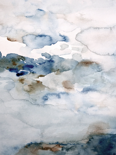 Aquarell mit abstrakten Formen in Blau und Braun auf weißem Hintergrund.