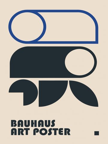 Grafische Illustration mit geometrischen Formen in Blau und Schwarz auf beigefarbenem Hintergrund, mit dem Text "Bauhaus art poster".