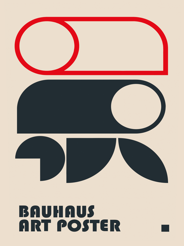 Grafisches Poster mit geometrischen Formen in Schwarz und Rot auf beigem Hintergrund und dem Text "Bauhaus Art Poster".