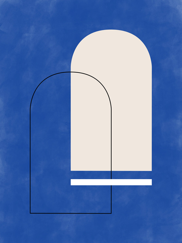 Grafik mit zwei Bögen in Schwarz und Beige auf blauem Hintergrund.