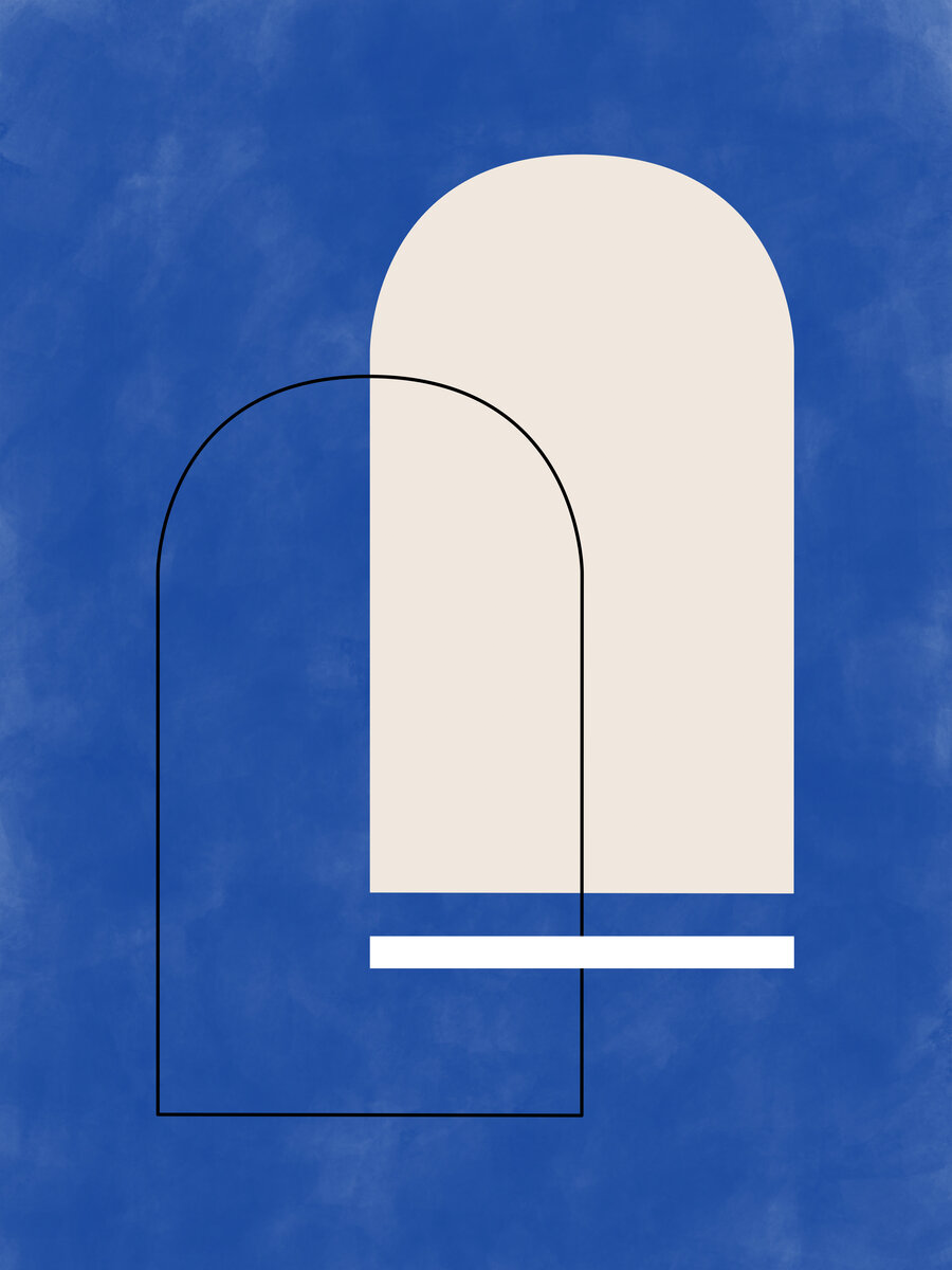 Grafik mit zwei Bögen in Schwarz und Beige auf blauem Hintergrund.