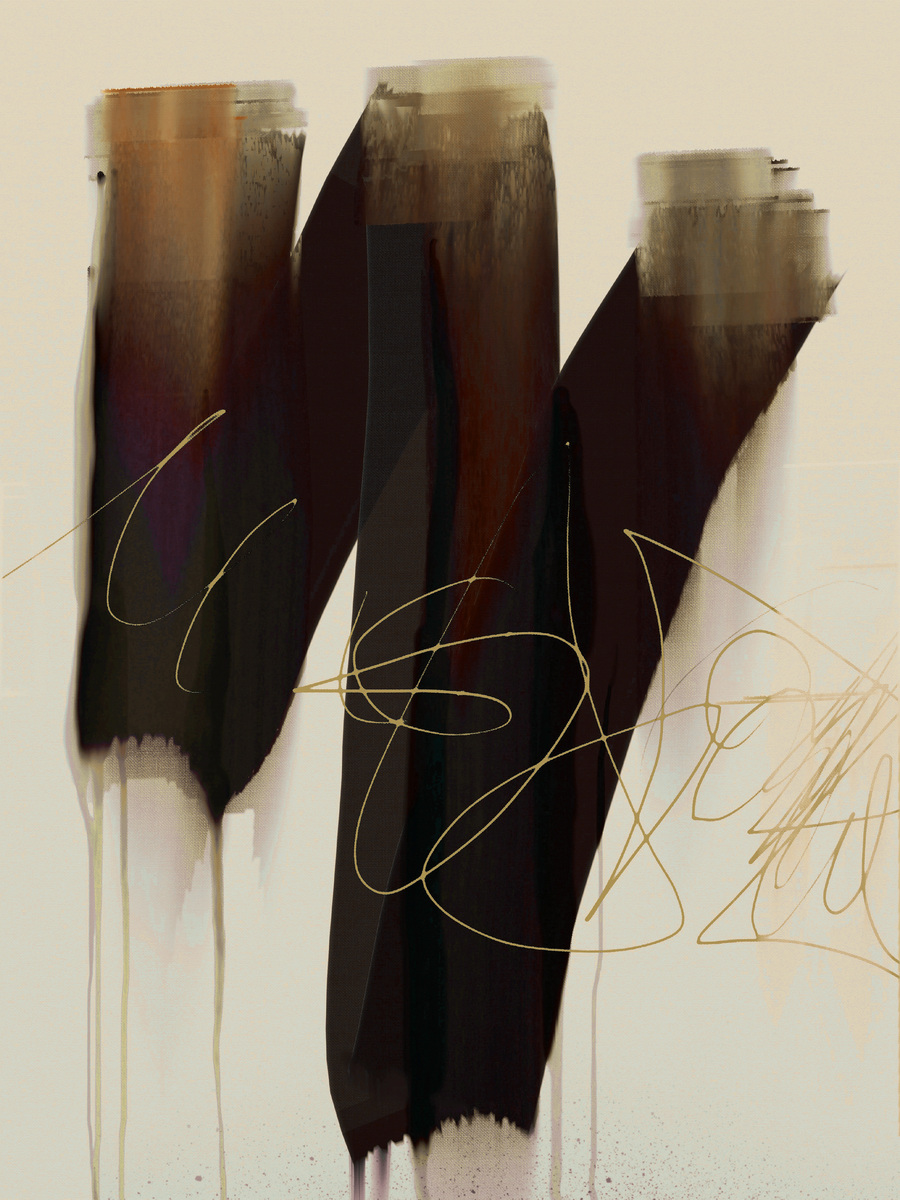 Abstrakte Kunst mit braunen Pinselstrichen und goldener Schrift auf hellem Hintergrund.