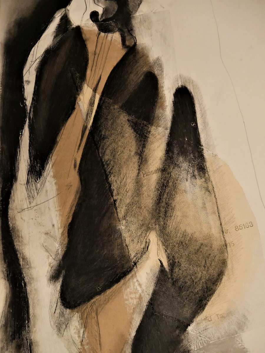 Abstrakte Komposition in Schwarz und Beige mit weißen Akzenten.