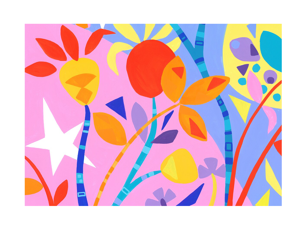 Abstrakte Blumenillustration mit leuchtenden Farben auf rosa Hintergrund.