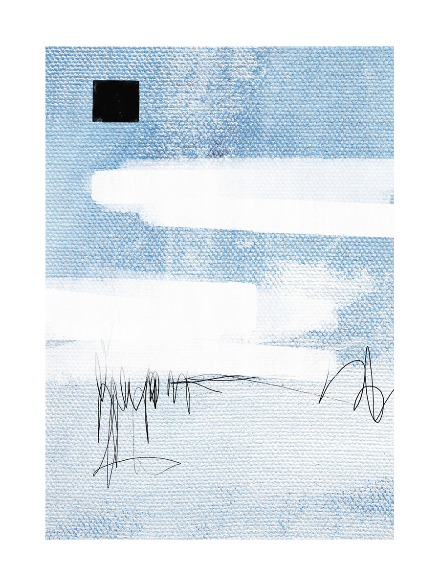 Abstraktes Kunstposter mit hellblauer Farbe, weißen und schwarzen Details.
